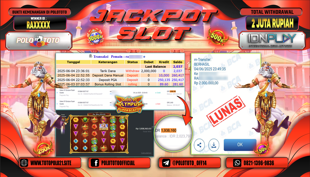 POLOTOTO JACKPOT SLOT GATES OF OLYMPUS SUPER SCATTER Rp.2.000.000,-