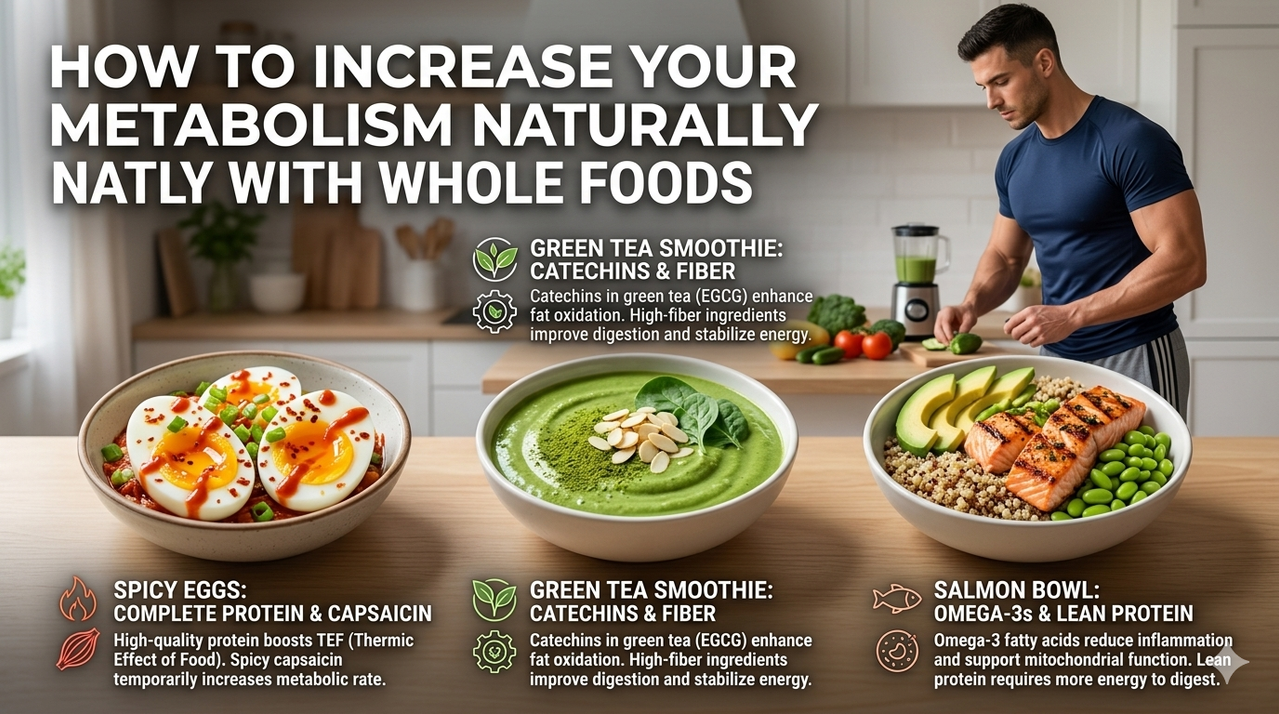 Three small bowls showing spicy eggs, green tea smoothie, and salmon bowl for how to increase your metabolism naturally with whole foods