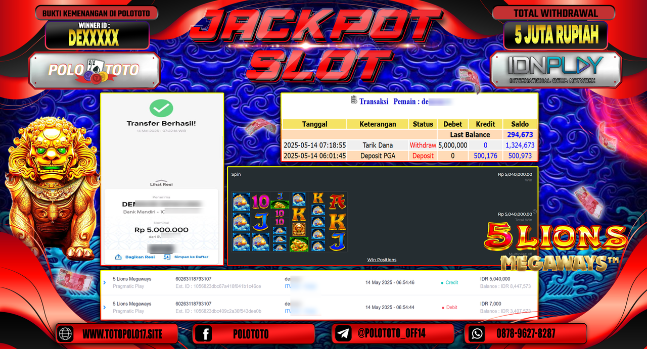 POLOTOTO JACKPOT SLOT 5 LIONS MEGAWAYS Rp.5.000.000,-