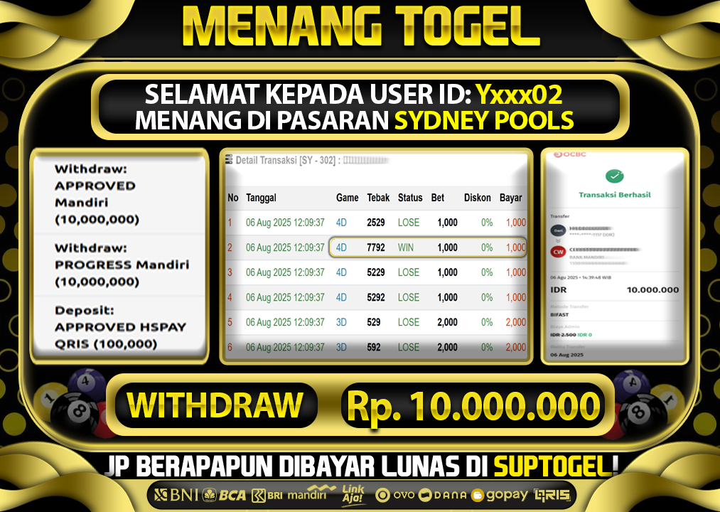  BUKTI KEMENANGAN 6 AGUSTUS 2025 MENANG DI PASARAN SYDNEY POOLS  TOTAL WD 10 JUTA