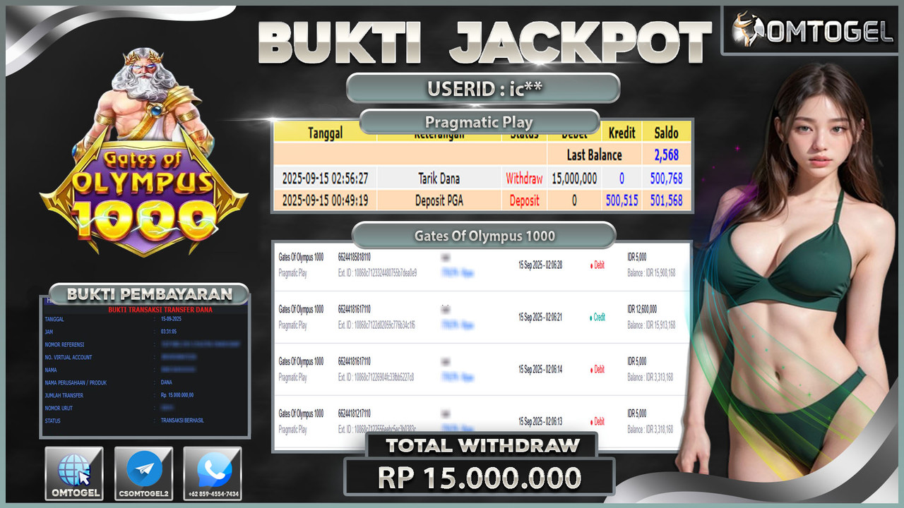 OMTOGEL JACKPOT PRAGMATIC PLAY GATES OF OLYMPUS 1000 15 JUTA DI BAYAR LUNAS ,-