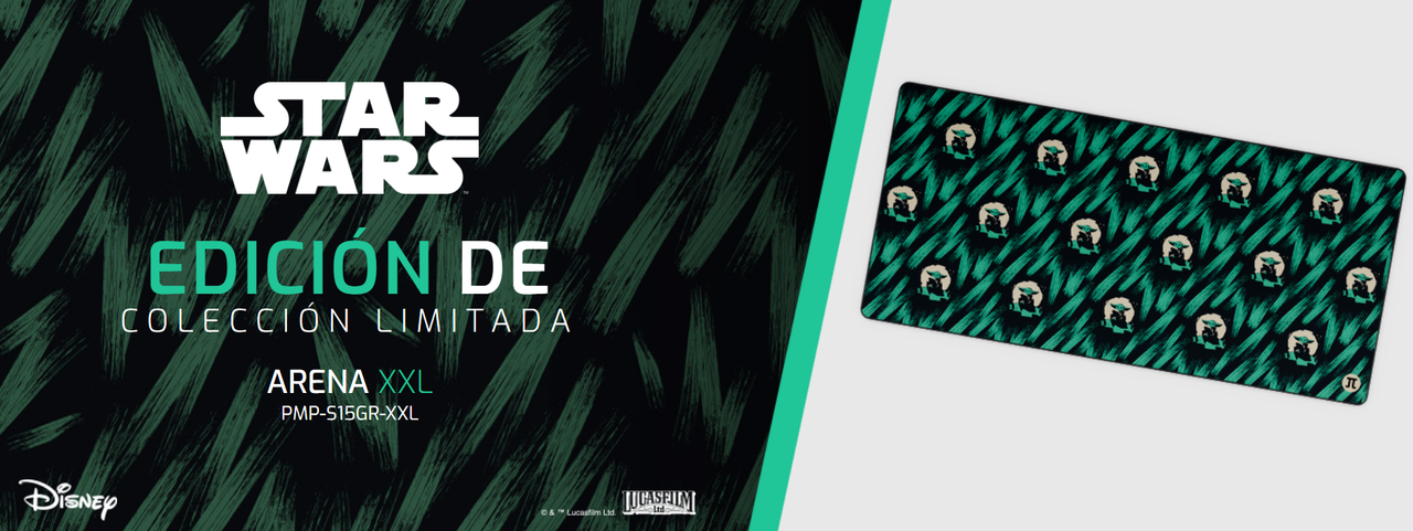 Mouse Pad Gaming Primus Grogu Arena XXL en un escritorio con teclado y mouse.