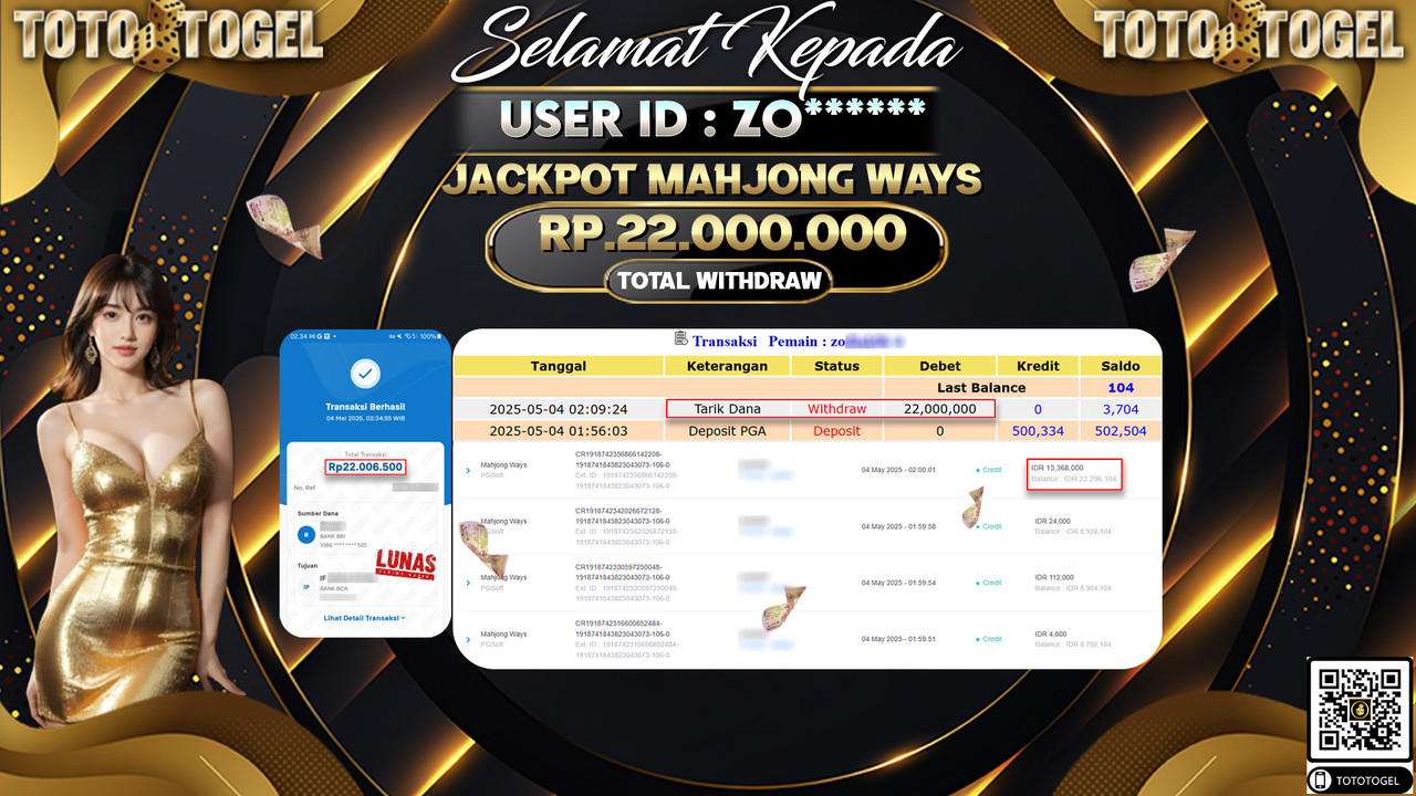 Bukti Pembayaran Jackpot  Permainan Slot Mahjong Ways ID:ZO***** LUNAS