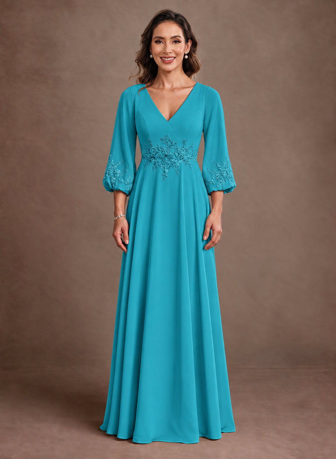 A-Line Lace Chiffon V-Neck 3/4 Sleeve Mother of the Bride Dress with Zipper Back