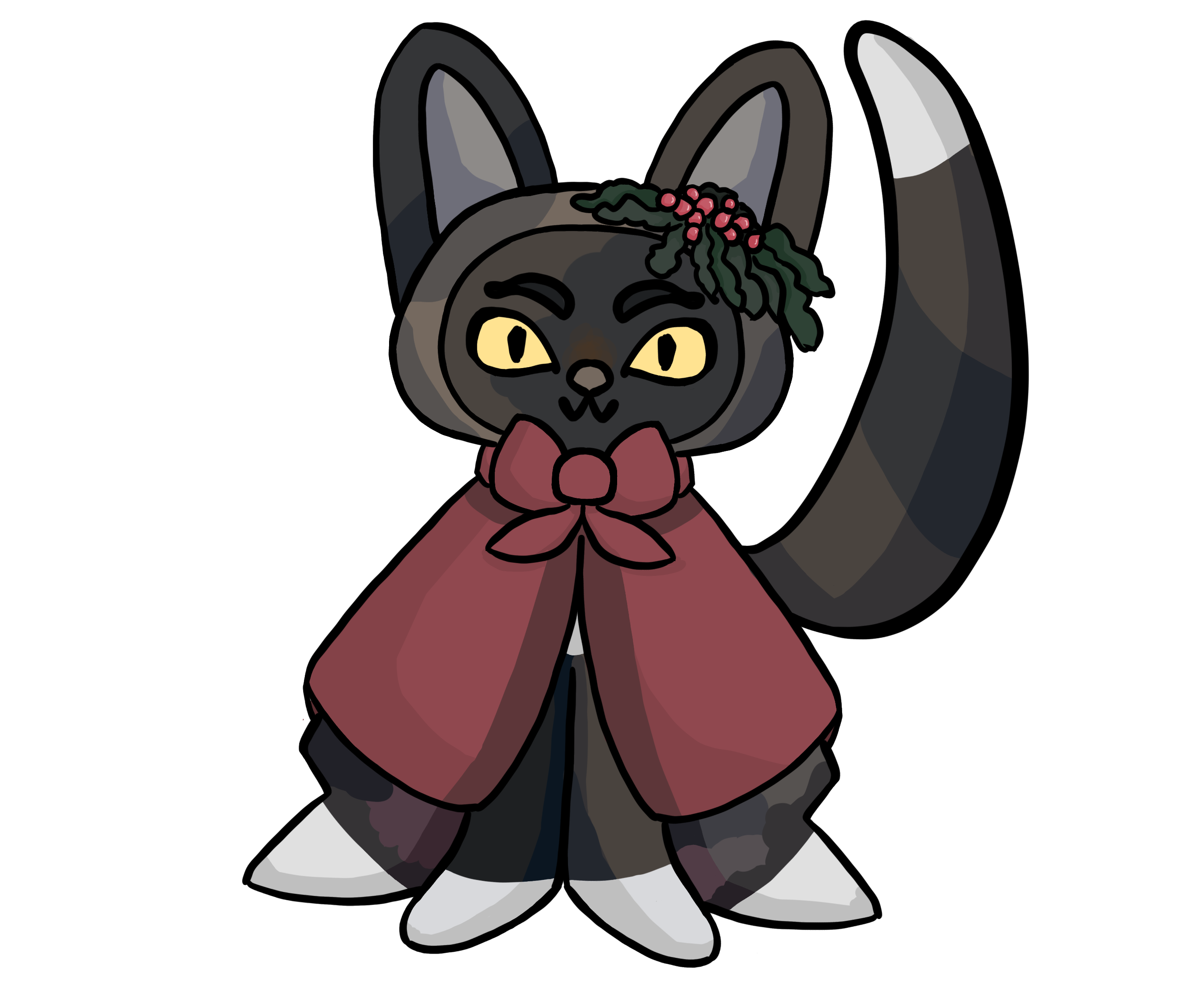 a digital drawing of Camellia. The black and white watercolor cat is sitting, dressed in a red cape and bow with holly decorating her right ear.