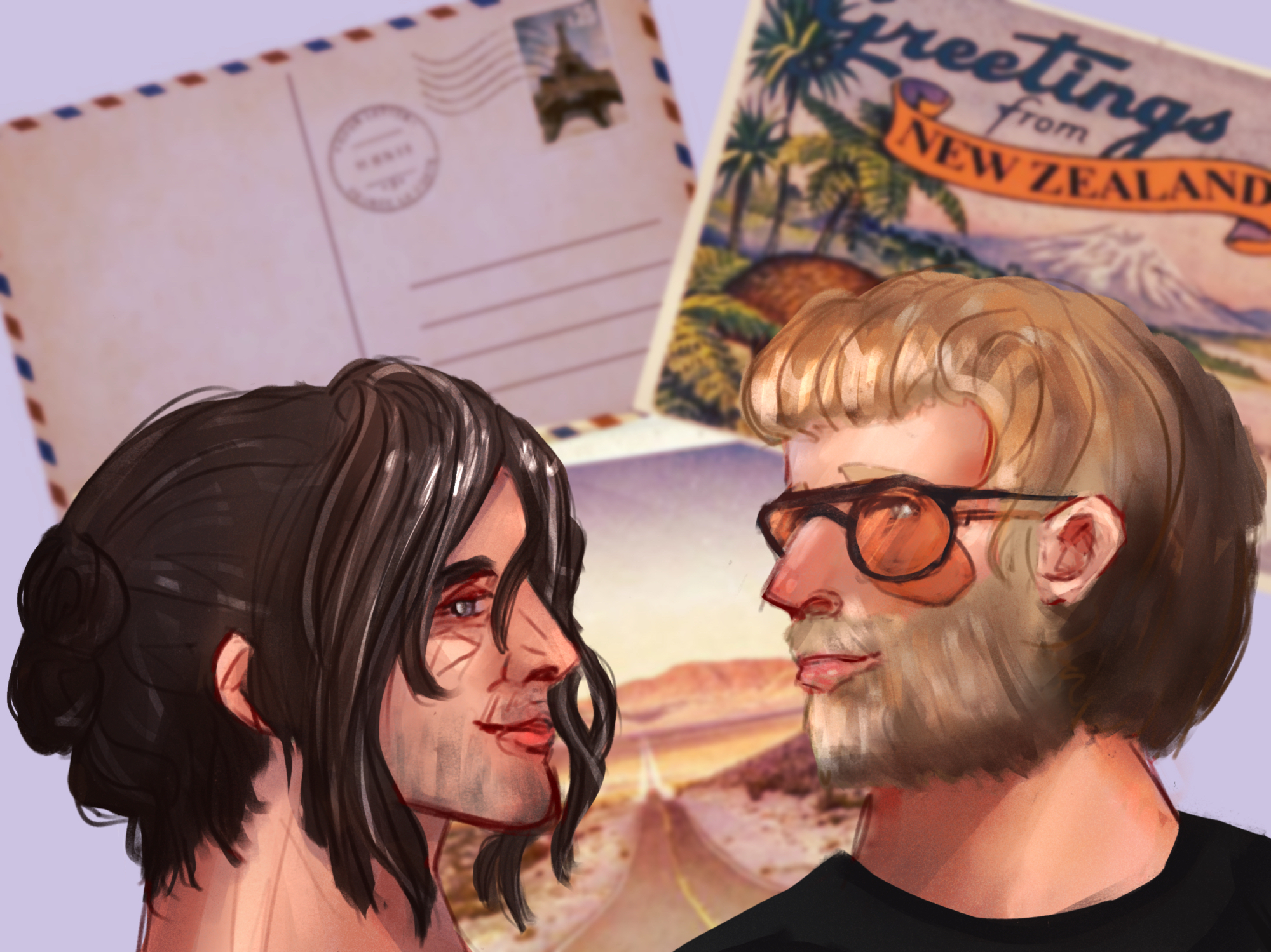 steve and bucky looking at each other over a background image of a postcard from New Zealand