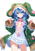 1girl, yoshino (date a live), blue hair, blue eye, Green Coat, animal hood down, s-3439962622