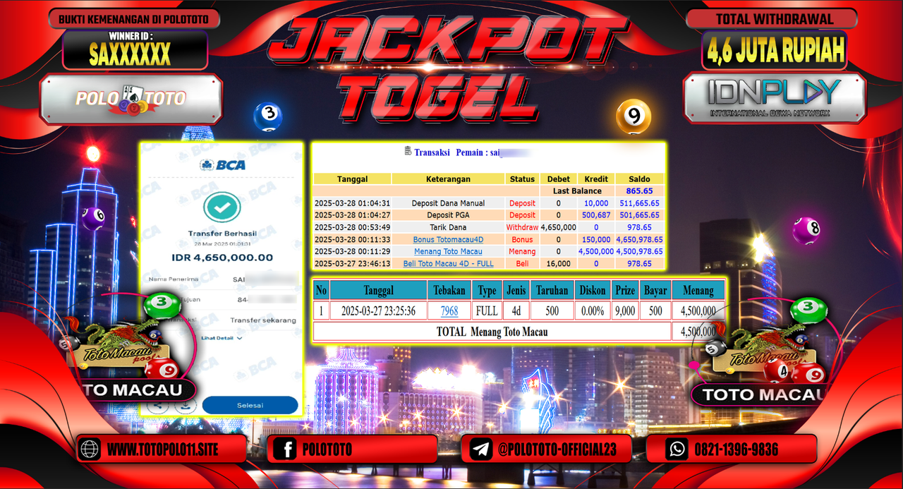 POLOTOTO JACKPOT TOGEL TOTOMACAU 4D  Rp.4.600.000,-
