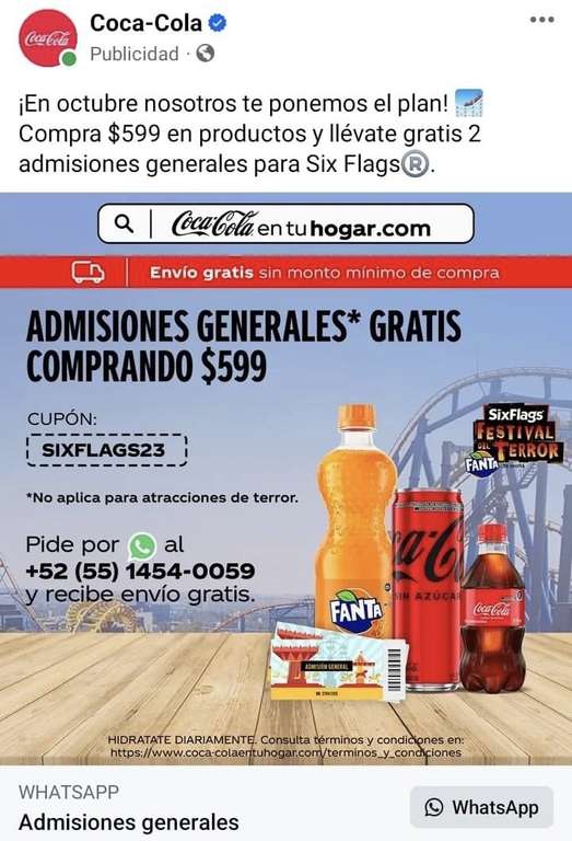 Coca Cola: Compra $599 en productos y llévate 2 admisiones generales para Six Flags 
