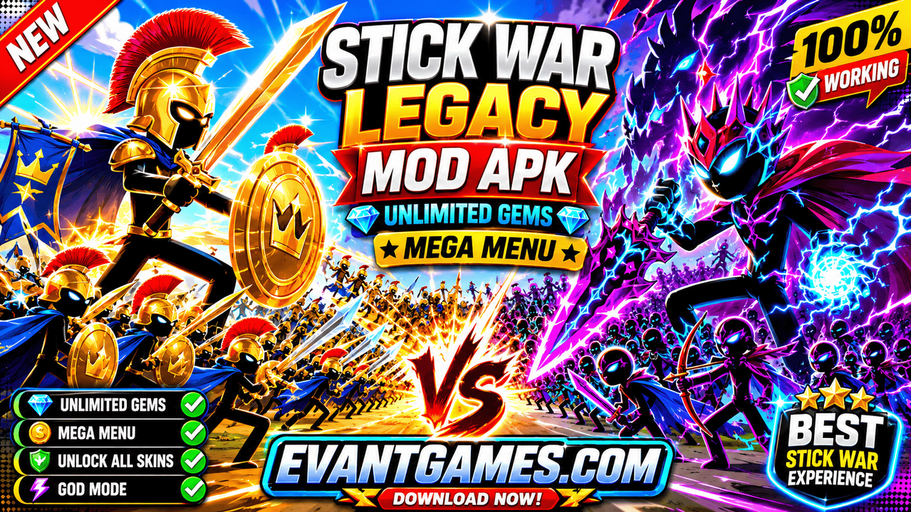 Stick War Legacy MOD APK 2026 main battlefield with Spearton and Magikill units