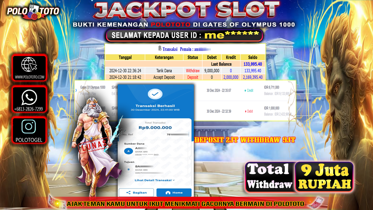 POLOTOTO JACKPOT SLOT GATES OF OLYMPUS 1000 Rp.9,000.000,-