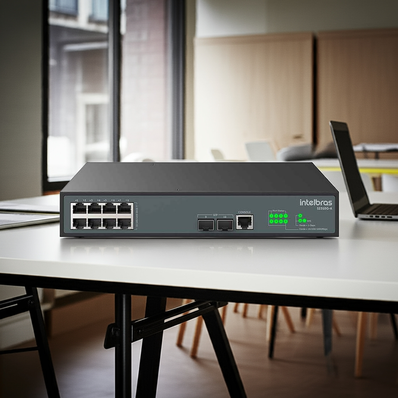 Vista superior do Switch Intelbras S2310G-A, mostrando o design compacto e os LEDs indicadores.