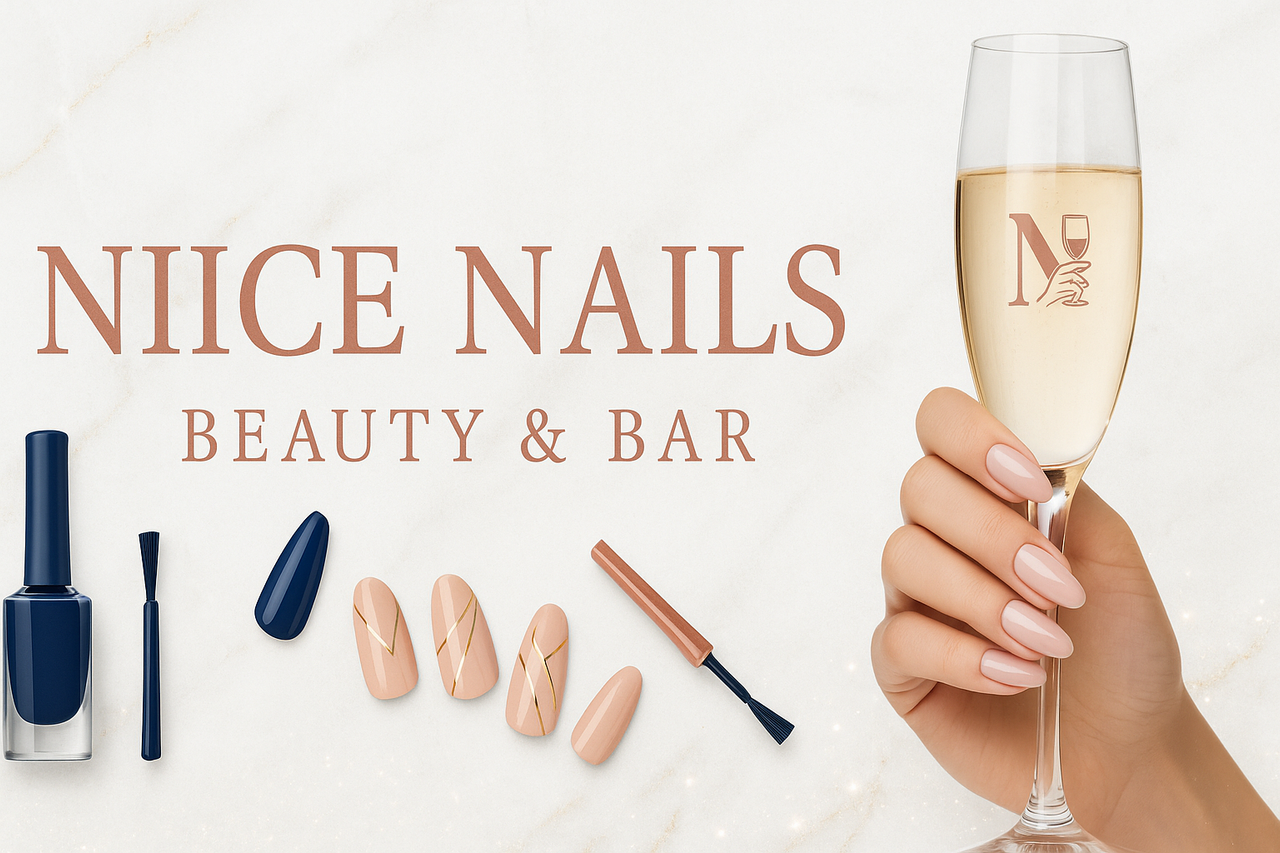 Niice Nails logo with champagne glass and nail icons