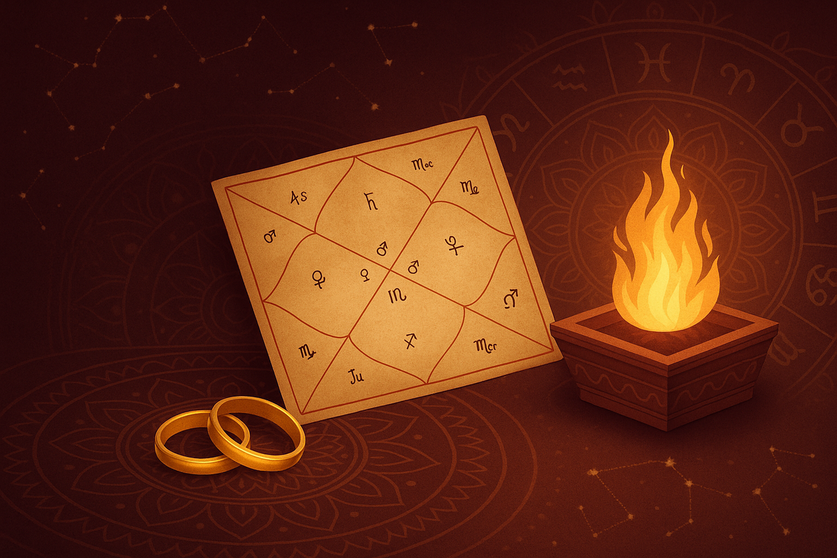 Kundali chart, sacred fire, and rings symbolizing kundali matching for marriage.