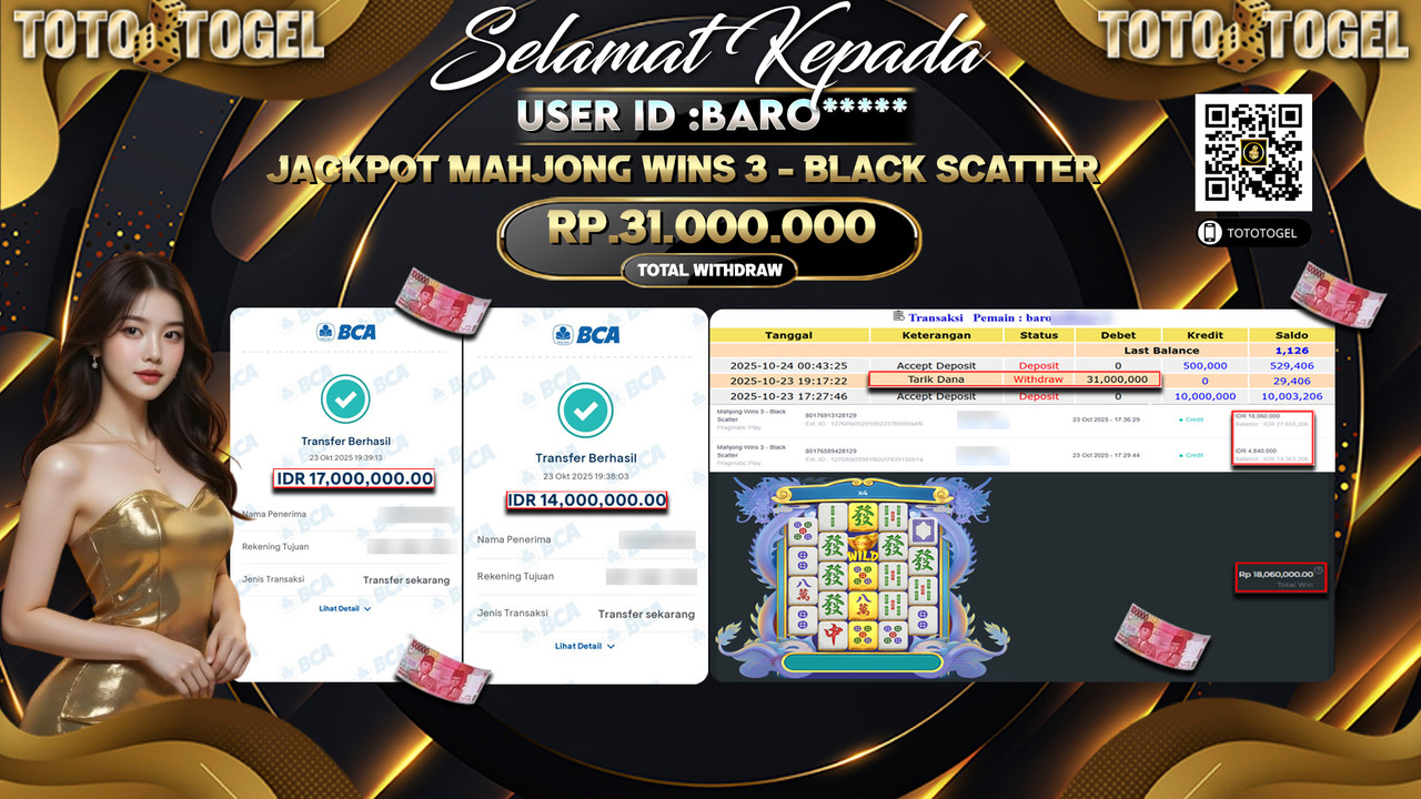 Bukti Pembayaran Jackpot Permainan Slot Mahjong Wins 3 - Black Scatter ID:BARO**** LUNAS