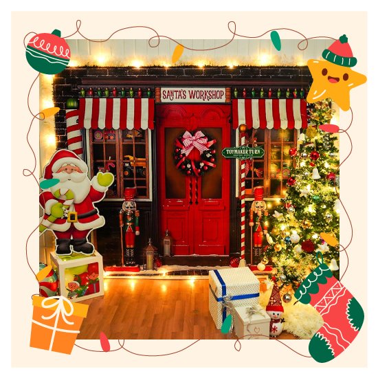 Xmas decorations featuring a santa workshop flex with a beautifully adorned Christmas tree along with a santa cutout and a fancy gift boxes