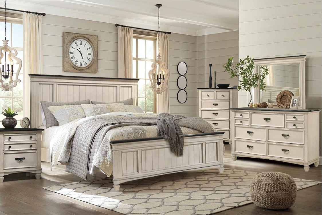 NEW Two-Tone White Queen King 5PC Rustic Bedroom Modern Furniture