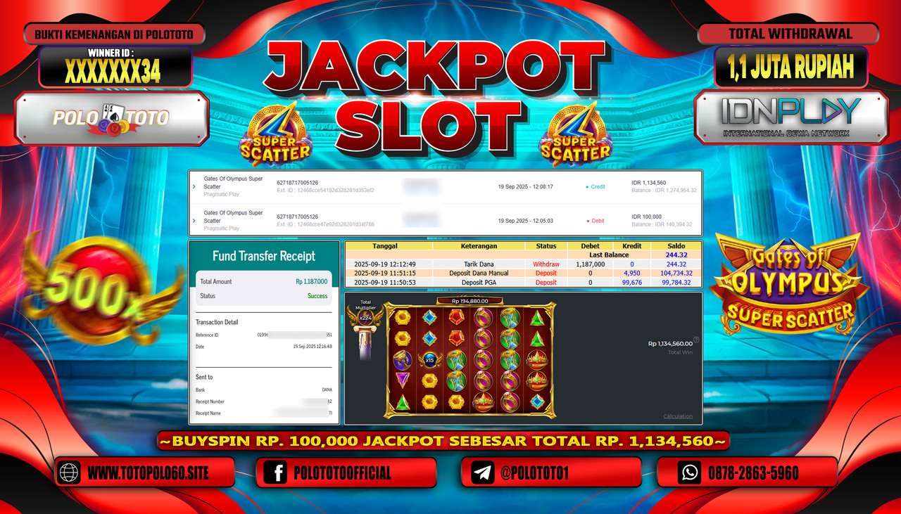 POLOTOTO JACKPOT SLOT GATES OF OLYMPUS SUPER SCATTER Rp.1.100.000,- LUNAS