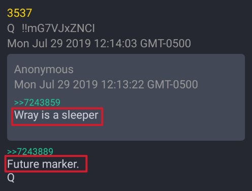 SCREENSHOT OF Q POST >>7243904 7-29-19 (ANON POSTED "Wray is a sleeper") Q RESPONSE:  Future marker.