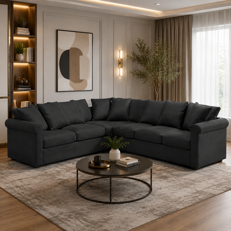كنبة زاوية رُكنة على شكل حرف L بتصميم عصري قماش عالي الجودة - اللون أسود - مقاس 340 / 250 × 90 × 85 سم