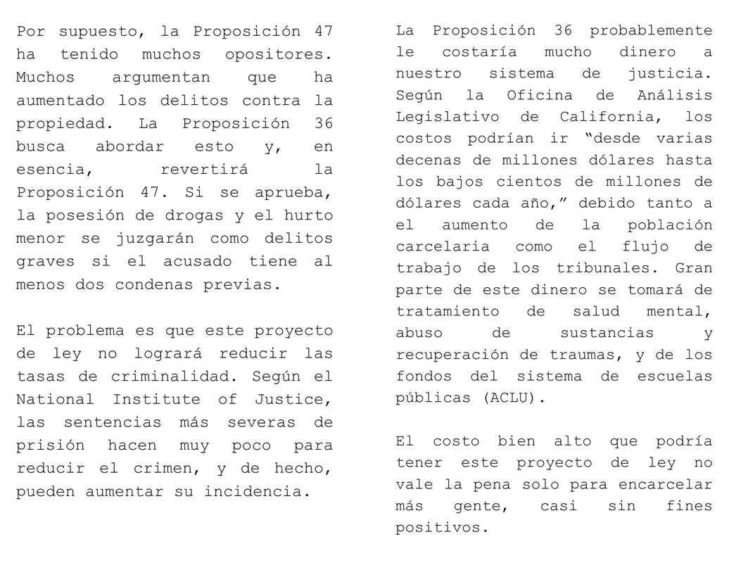 La tercera y cuarta página de una zine titulado 'PROP 36 “La Estafa de Gastos Penetenciarios”'.