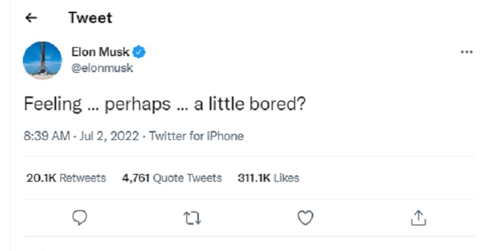 Setelah 10 hari tidak aktif, Elon Musk kembali membuat cuitan di Twitter.