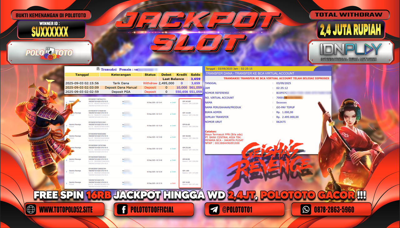 POLOTOTO JACKPOT SLOT GEISHA REVENGE Rp.2.495.000,-