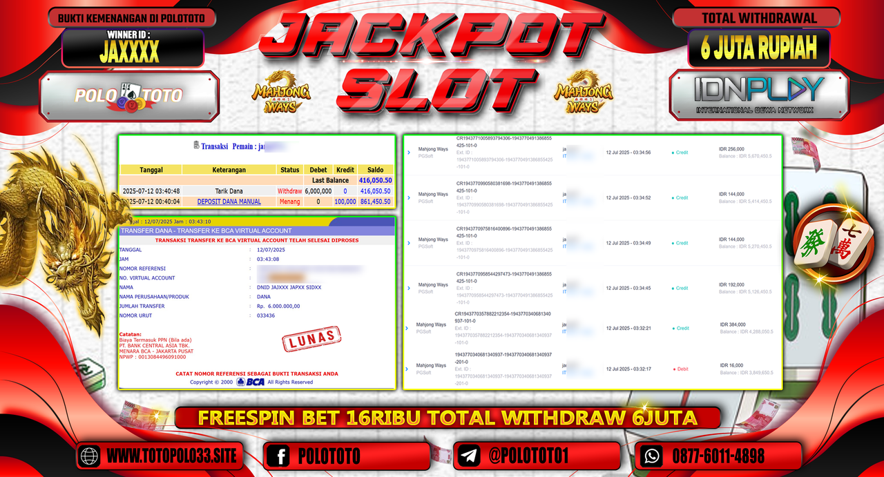 POLOTOTO JACKPOT SLOT MAHJONG WAYS Rp.6.000.000,-