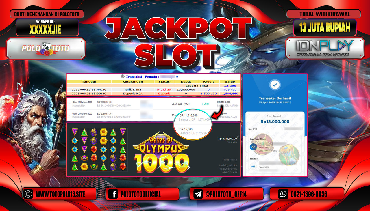 POLOTOTO JACKPOT SLOT GATES OF OLYMPUS 1000 Rp.13.000.000,-