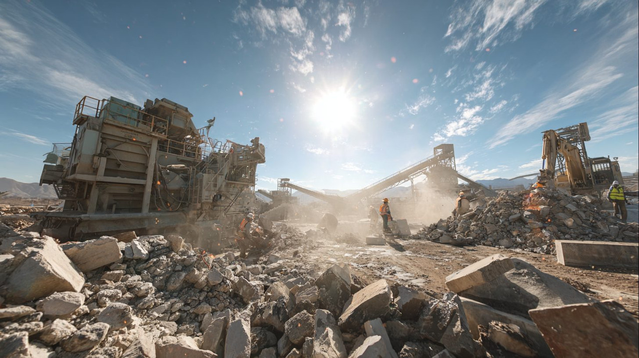 Процесс утилизации бетонных отходов с сортировкой и дроблением