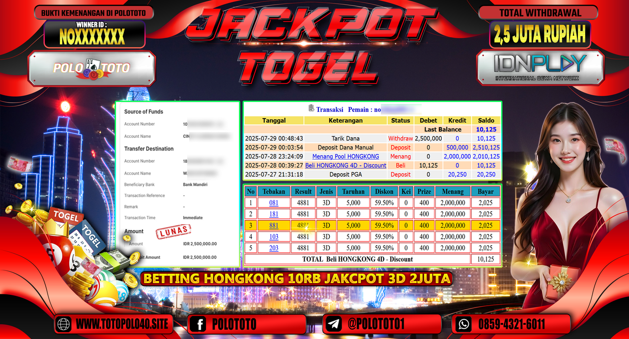 POLOTOTO JACKPOT TOGEL HONGKONG LOTTO Rp.2.500.000,- LUNAS
