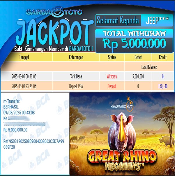 JACKPOT MAIN DI SLOT PRAGMATIC PLAY GREAT RHINO SlOT WD Rp 5,000,000,- DIBAYAR LUNAS GARDATOTO