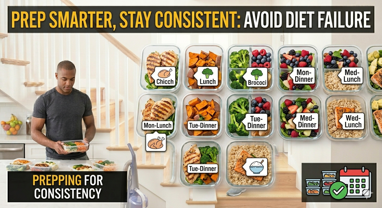 Meal prep containers with healthy food to maintain healthy eating habits and avoid diet failure