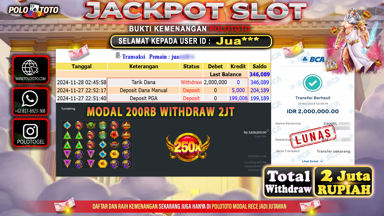 POLOTOTO JACKPOT SLOT GATES OF OLYMPUS Rp.2,000.000,-