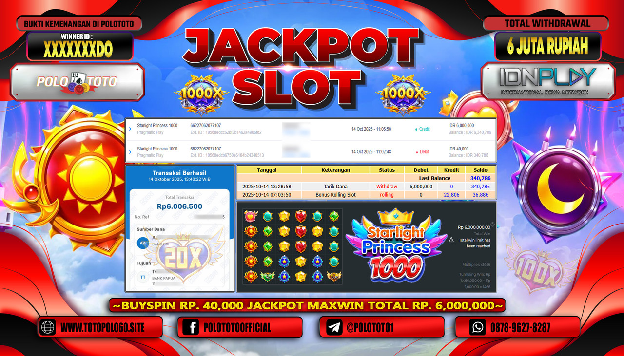 POLOTOTO JACKPOT SLOT STARLIGHT PRINCESS 1000 Rp.6.000.000,- LUNAS