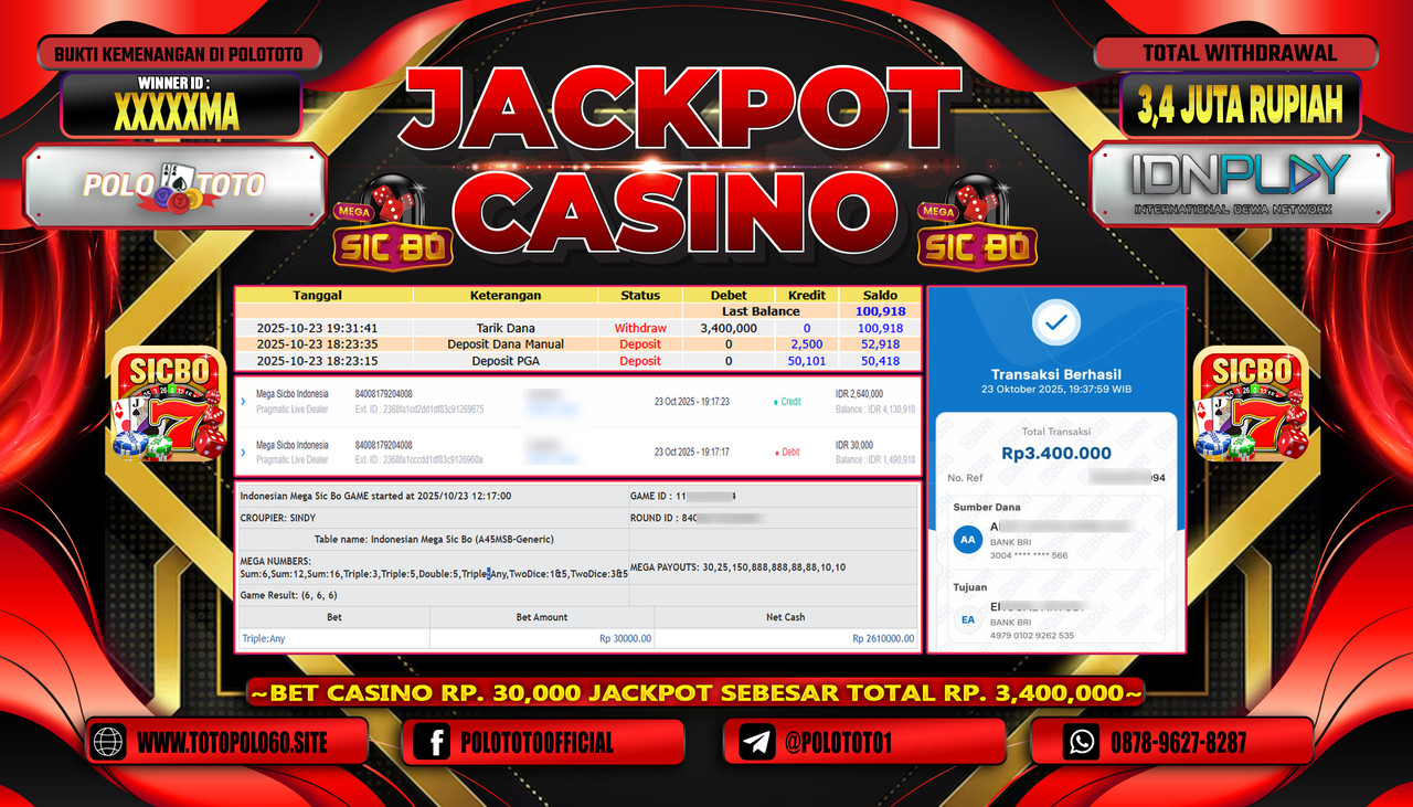 POLOTOTO JACKPOT CASINO MEGA SICBO INDONESIA Rp.3.400.000,- LUNAS