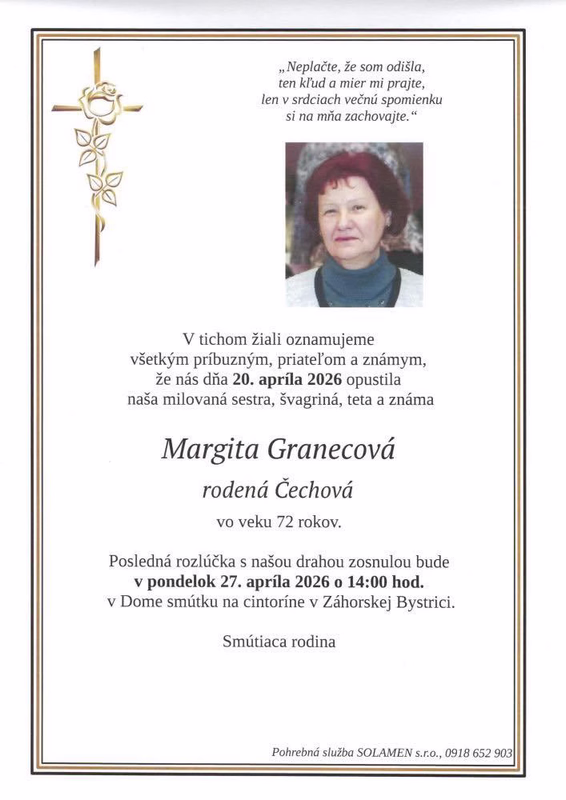 Smútočné oznámenie o odchode zosnulej a termín poslednej rozlúčky, ktorá sa uskutoční 27. apríla 2026.
