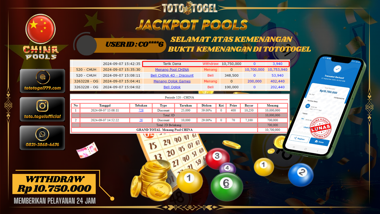 Bukti Kemenangan Permainan Togel China Pools Dengan ID : CO***6  Terbayar Lunas!!