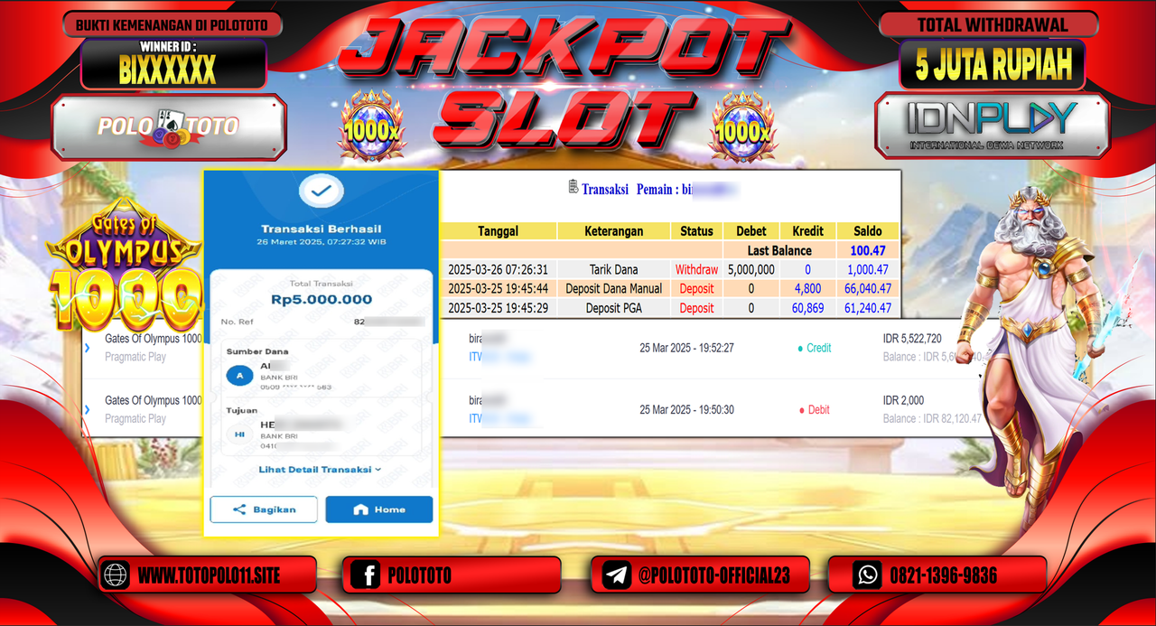 POLOTOTO JACKPOT SLOT GATES OF OLYMPUS 1000 Rp.5.000.000,- LUNAS