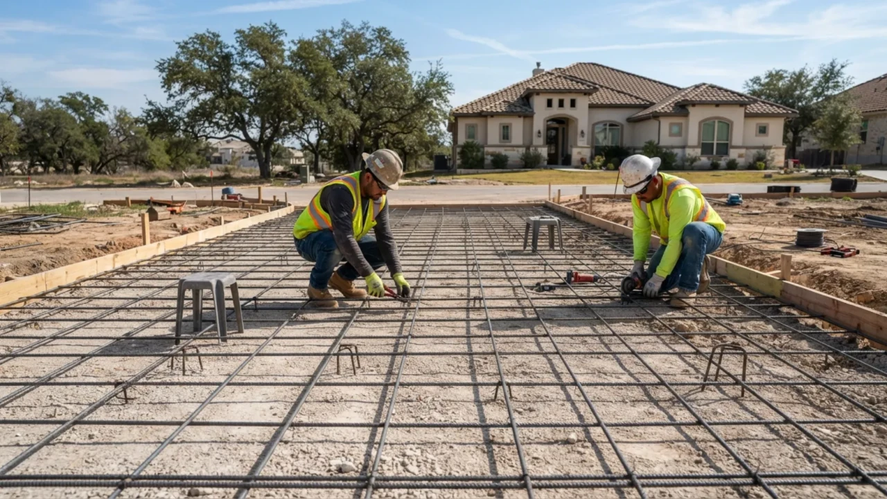 Rebar reinforcement grid being installed before a concrete driveway pour in San Antonio