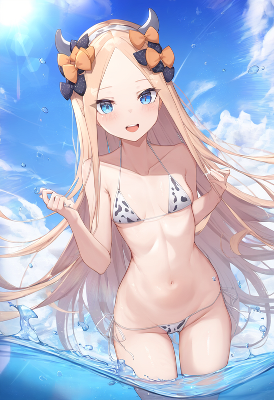 1girl, abigail williams (fate), small breasts, lighting, {{shiny skin}}, cow bik s-4240487830