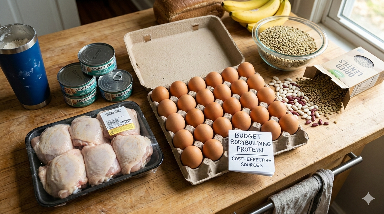 Assortment of budget proteins including eggs, chicken thighs, canned tuna, and lentils for cheap grocery list for bodybuilding on a budget