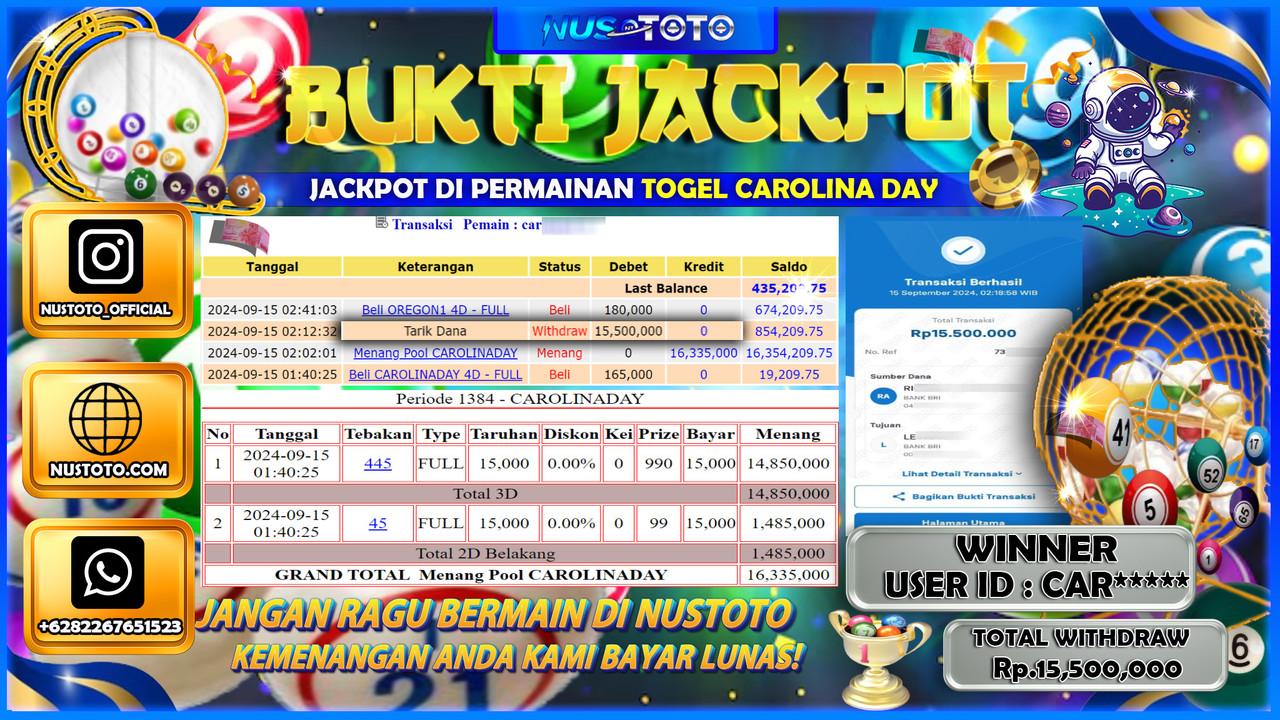 JACKPOT !! MENANG BESAR DI TOGEL PASARAN CAROLINA DAY  Rp.15.500.000 LANGSUNG DI BAYAR LUNAS NUSTOTO !!