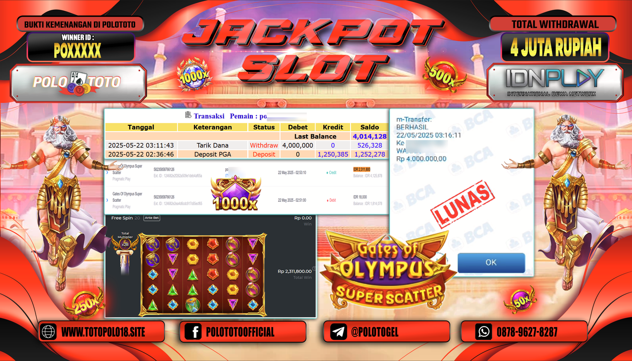 POLOTOTO JACKPOT SLOT GATES OF OLYMPUS SUPER SCATTER Rp.4.000.000,-