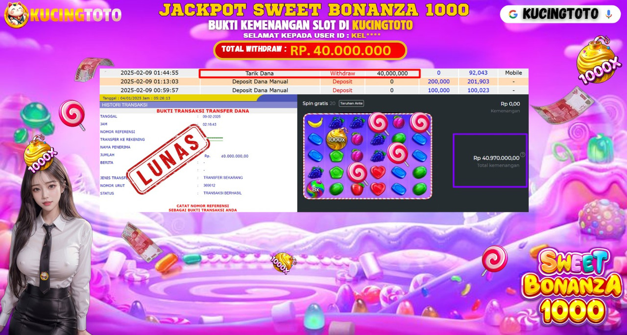 KUCINGTOTO JACKPOT SLOT SWEET BONANZA 1000 RP.40.000.000.,- LUNAS