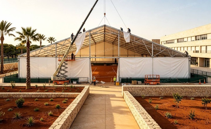 Double-layer PVC fabric installation on A-Frame Tennis Tent frame