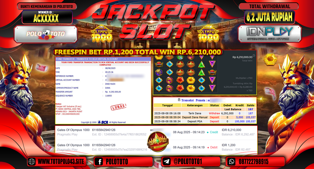 POLOTOTO JACKPOT SLOT GATES OF OLYMPUS 1000 Rp.6.200.000,-LUNAS