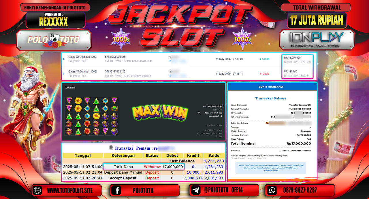 POLOTOTO JACKPOT SLOT GATES OF OLYMPUS 1000 Rp.17.000.000,-