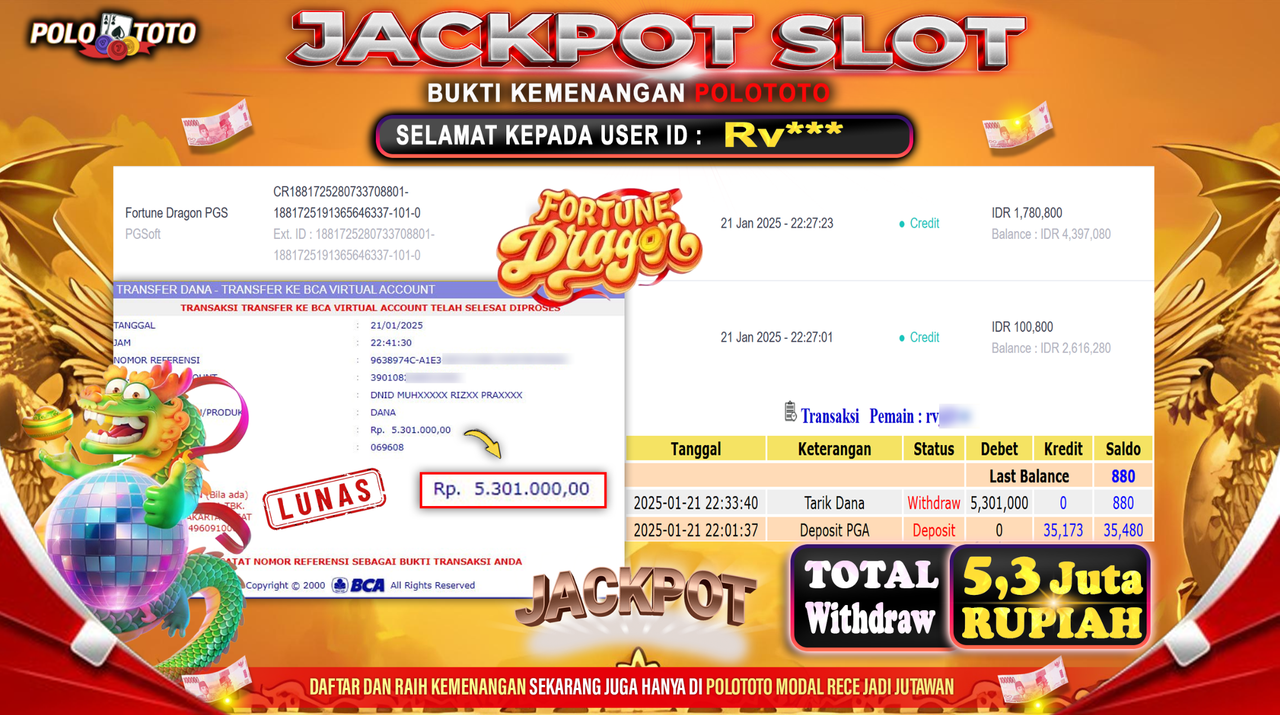 POLOTOTO JACKPOT SLOT FORTUNE DRAGON PGS Rp.5,301.000,-