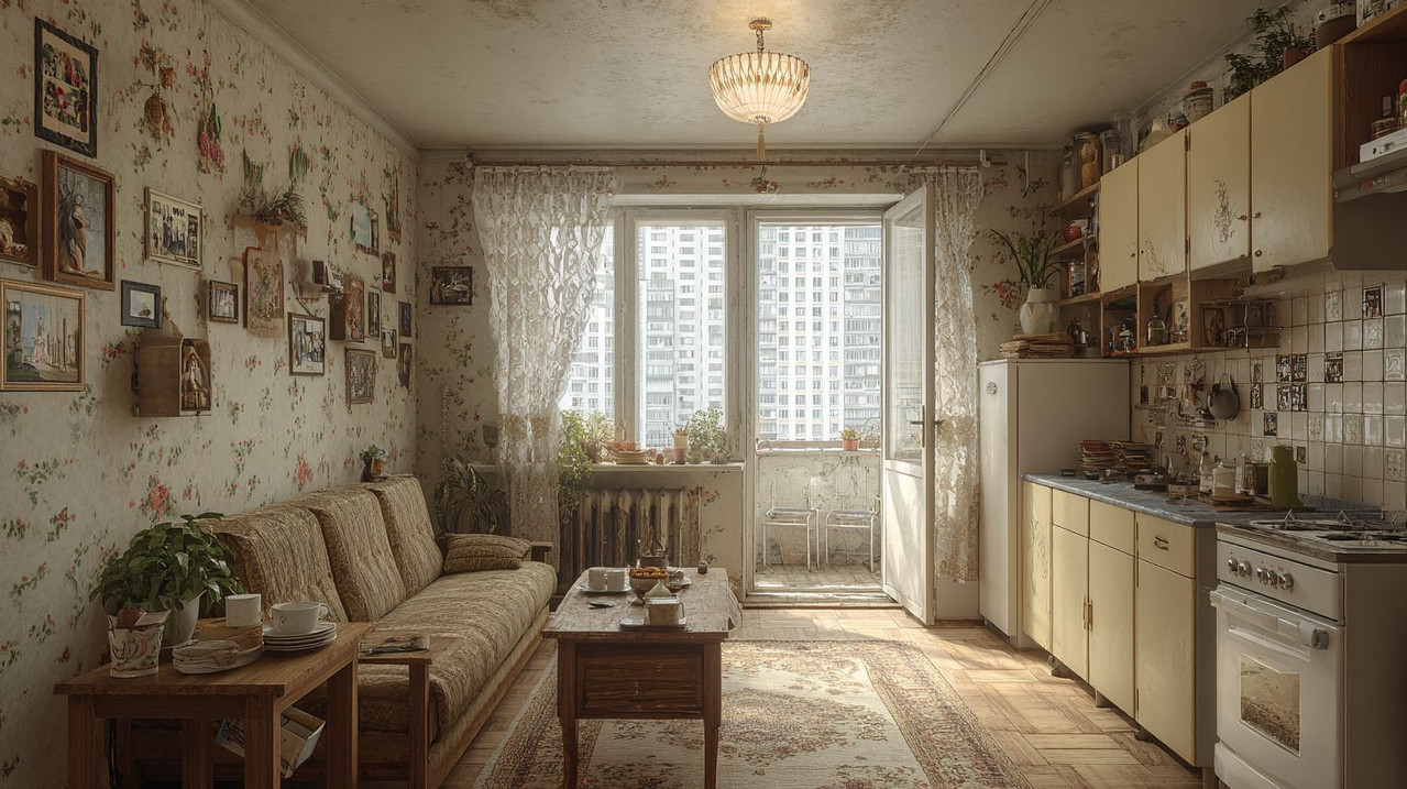 Фотореалистичное изображение средней российской квартиры площадью около 60 квадратных метров в типичной панельной многоэтажке Москвы, общий